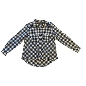 Women M Free People Gauzy Cut-Out Flannel Plaid Black White Blouse Top Button